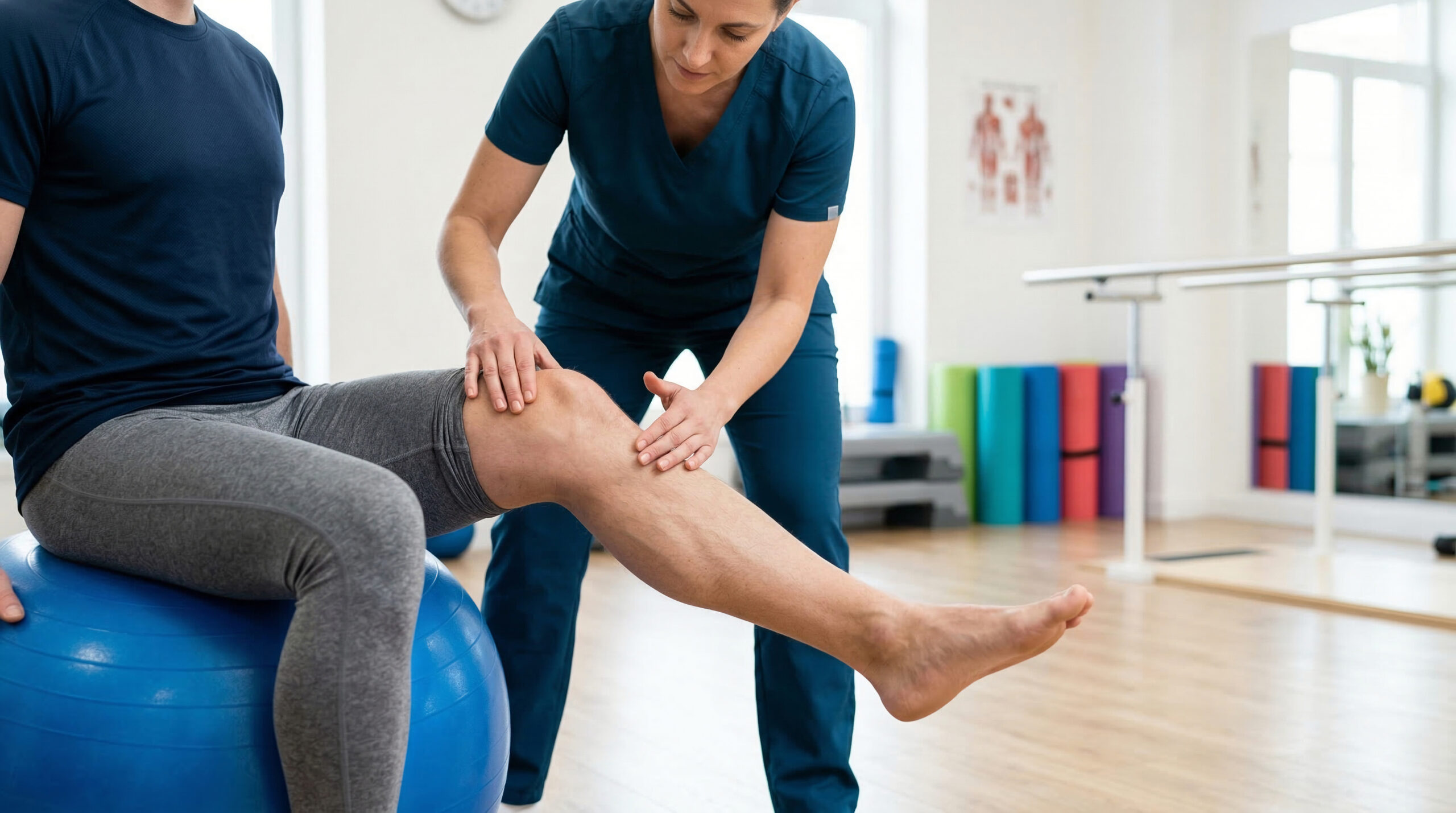 physical therapist examining her patient's knee to decide the best postoperative treatment