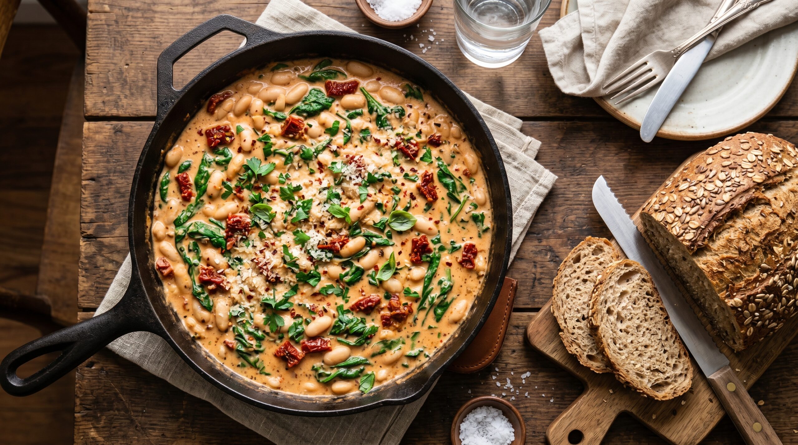 Top-down view of the white bean skillet