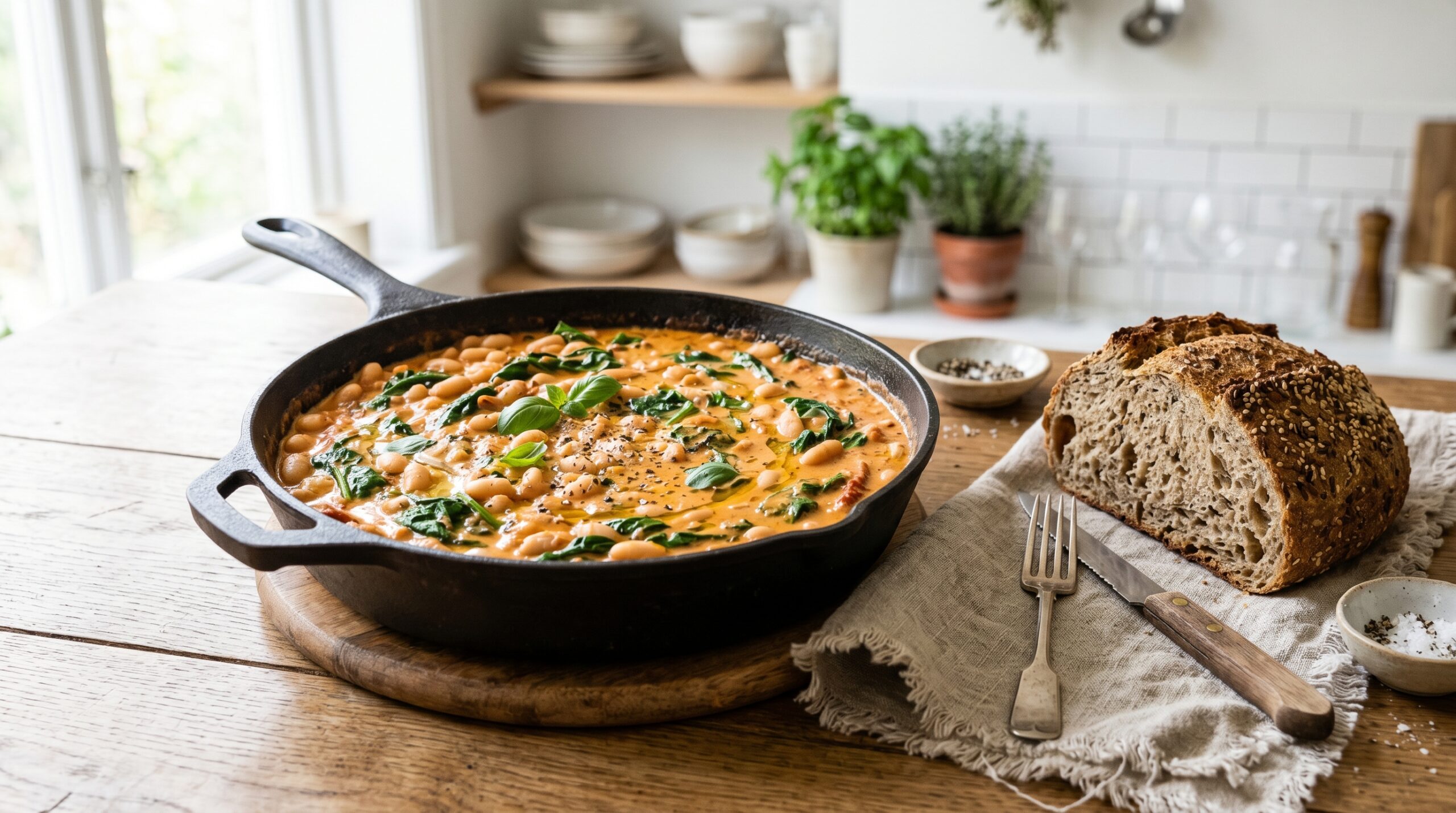 Elegant serving of the white bean skillet